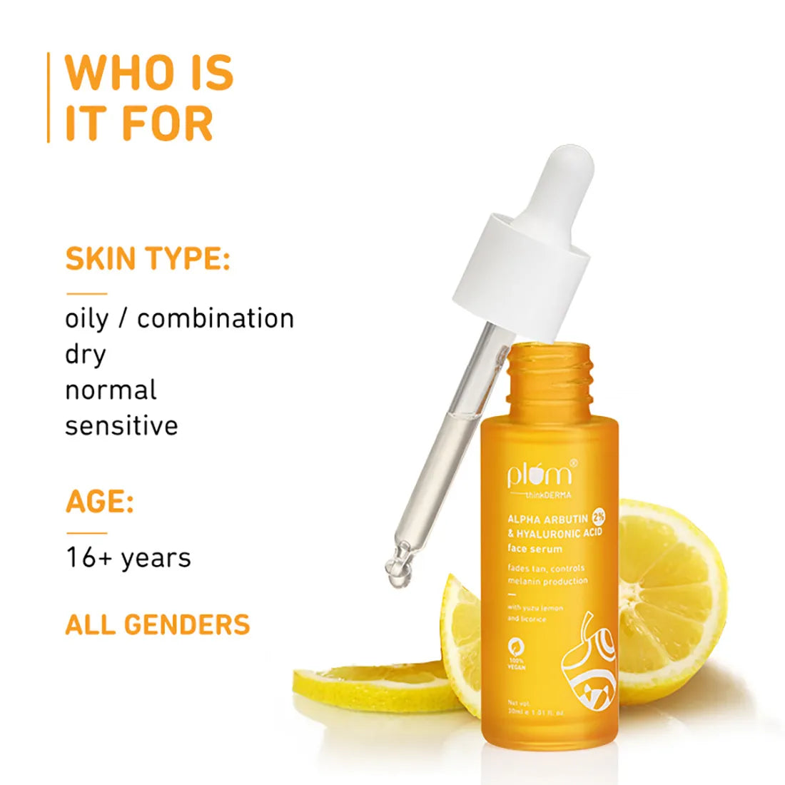 Plum 2% Alpha Arbutin & Hyaluronic Acid Face Serum | Fades Tan | Brightens Skin | Controls Melanin Production | with Yuzu Lemon & Licorice | Fragrance-Free | 100% Vegan | 30 ml