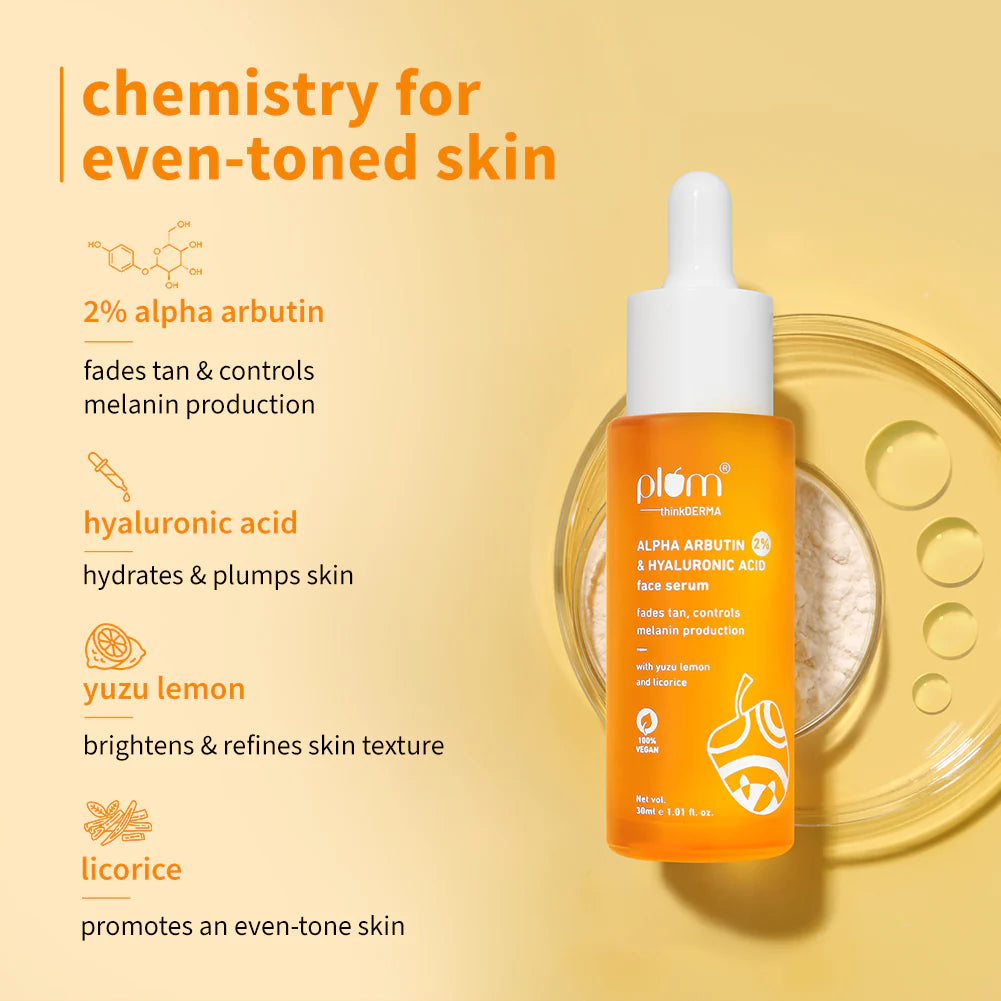 Plum 2% Alpha Arbutin & Hyaluronic Acid Face Serum | Fades Tan | Brightens Skin | Controls Melanin Production | with Yuzu Lemon & Licorice | Fragrance-Free | 100% Vegan | 30 ml