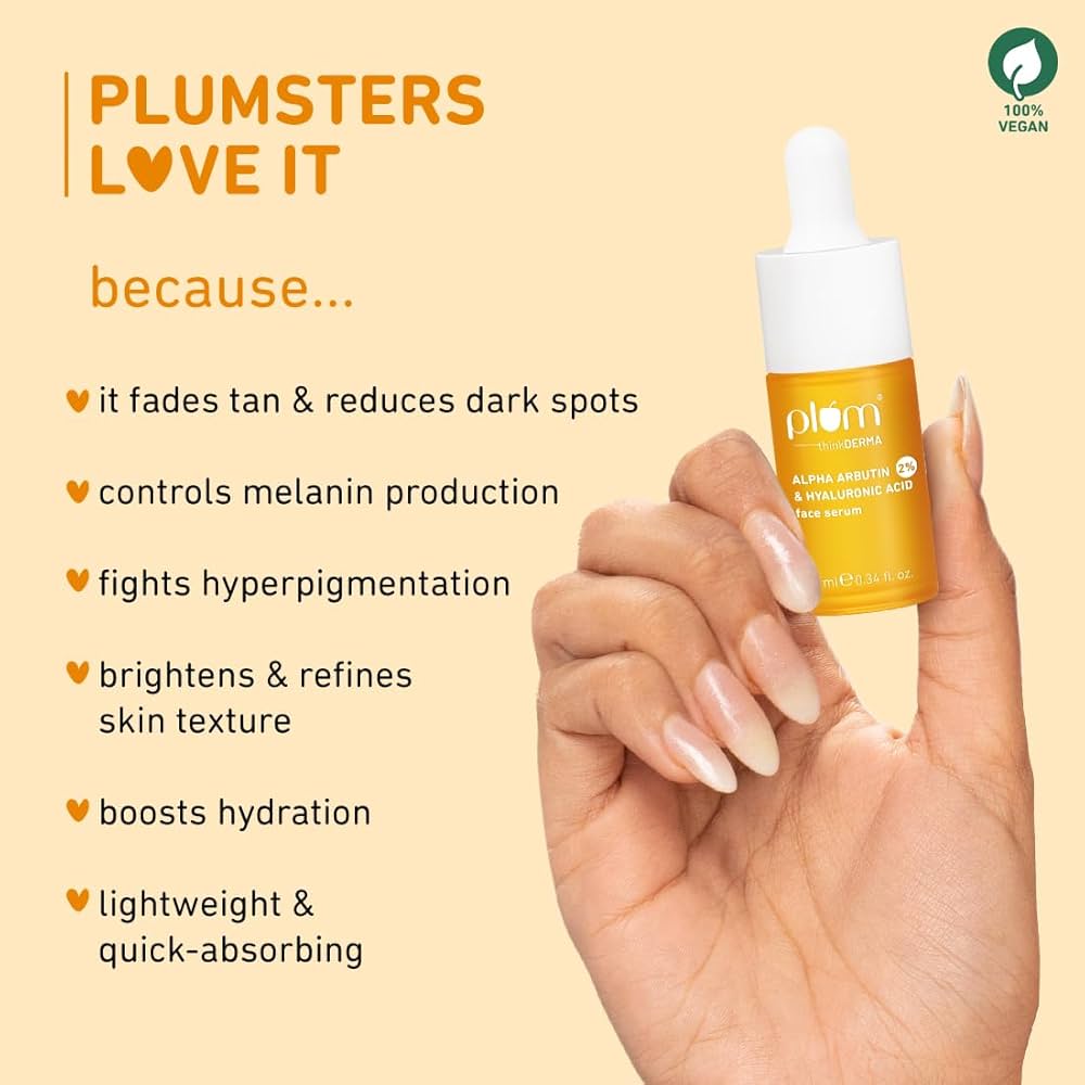 Plum 2% Alpha Arbutin & Hyaluronic Acid Face Serum | Fades Tan | Brightens Skin | Controls Melanin Production | with Yuzu Lemon & Licorice | Fragrance-Free | 100% Vegan | 30 ml