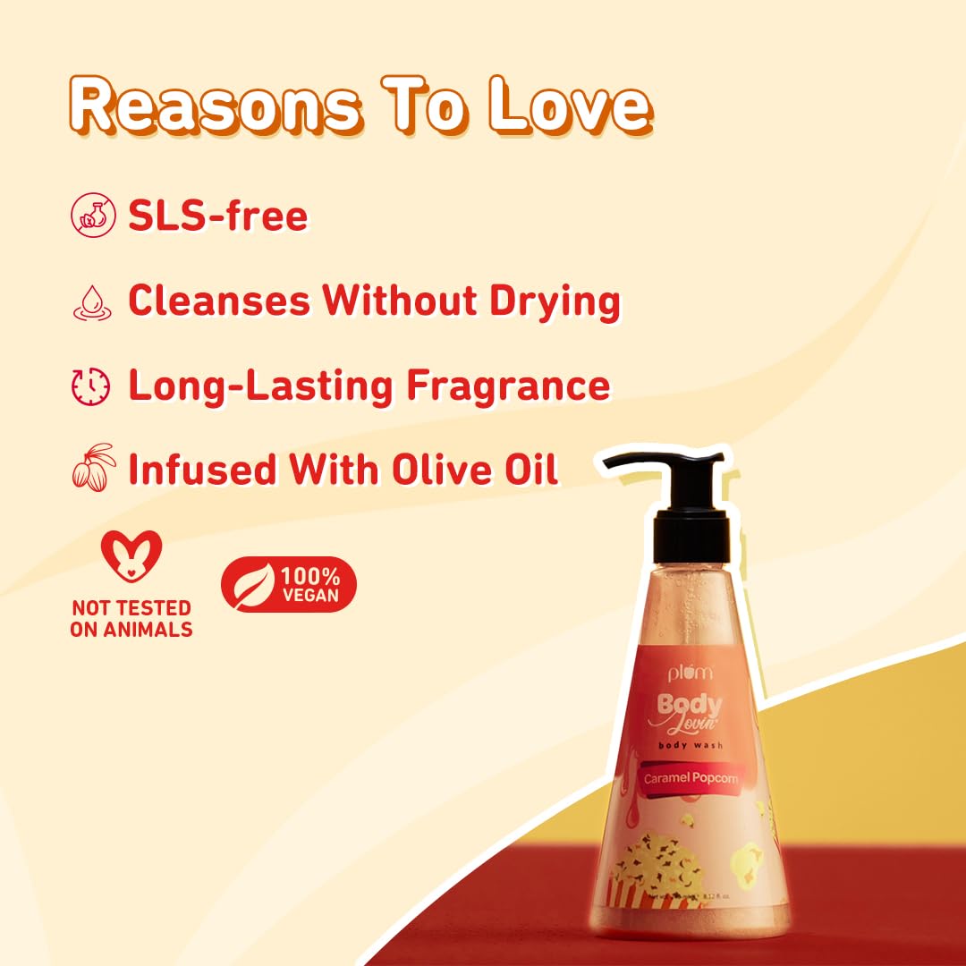 Plum BodyLovin’ Caramel Popcorn Body Wash | SLS-Free Body Wash For Women | Long Lasting Warm Caramel Fragrance | Aloe-Infused Nourishing Body Cleanser For Soft & Smooth Skin (240 ml)