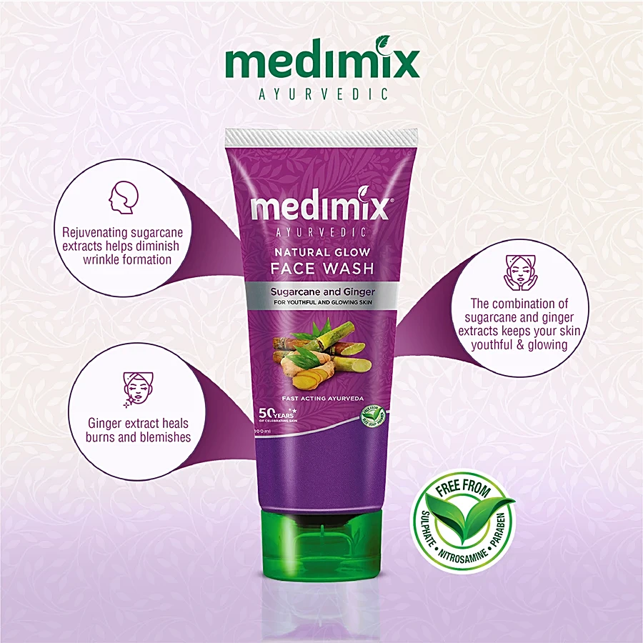 Medimix Ayurvedic Natural Glow Face Wash for youthful and glowing skin |With Sugarcane and Ginger | 100 ml