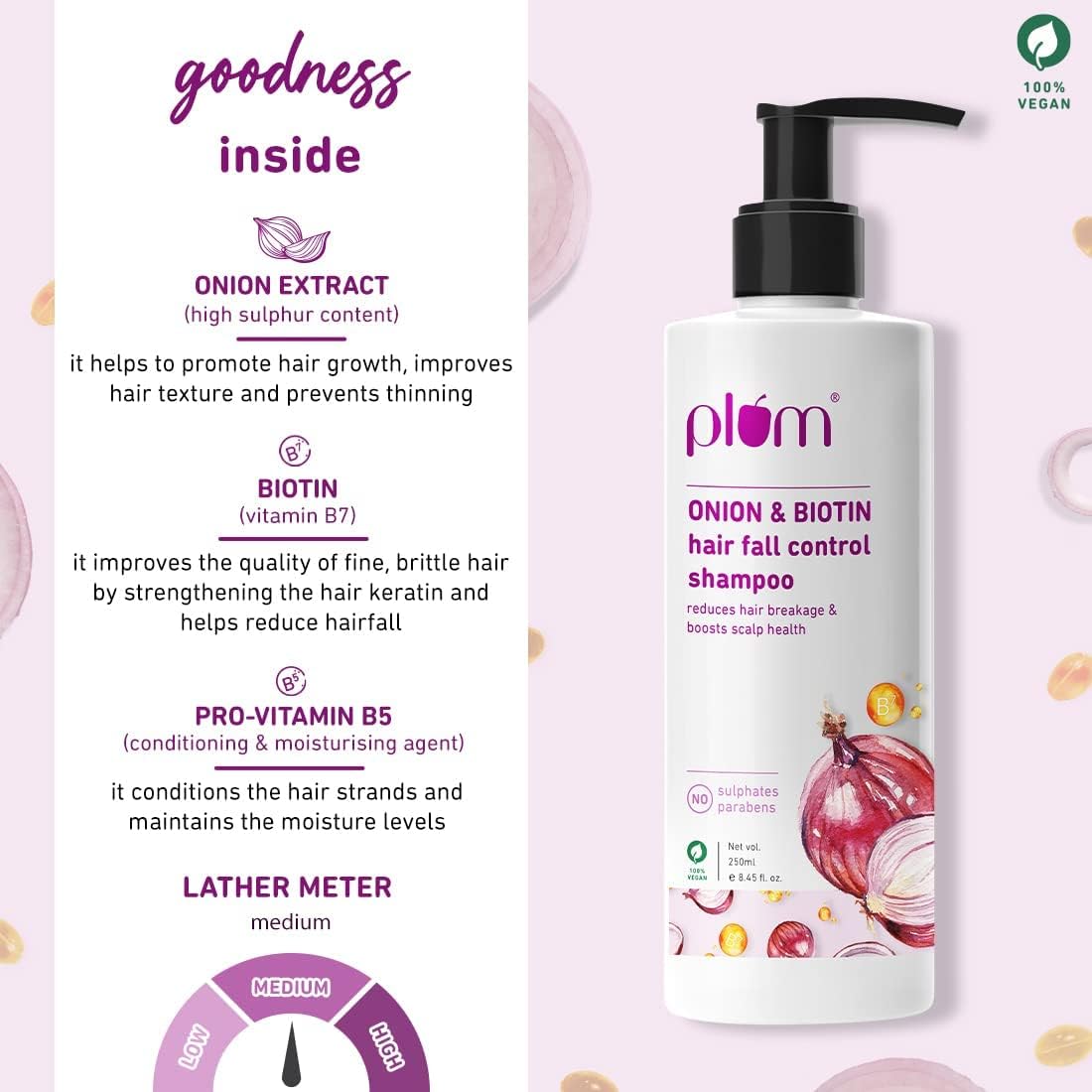 Plum Onion and Biotin Shampoo for Hairfall Control | Paraben Free | Enriched with Onion Extract, Biotin, D-Panthenol | Boosts Scalp Health | 250 ml