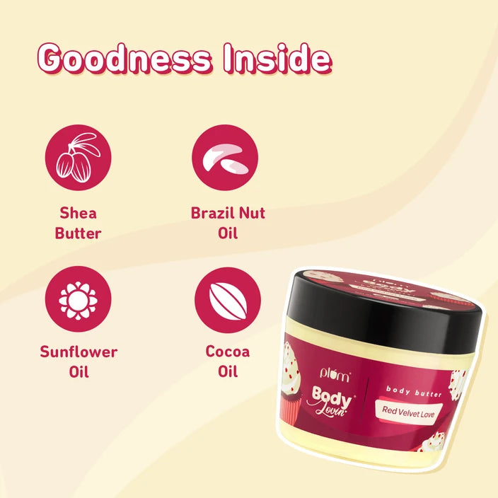 Plum BodyLovin’ Red Velvet Love Body Butter | Intense Moisture | Non-Greasy | Quick Absorbing | Rich Shea Butter Formula | For Dry To Very Dry Skin | Red Velvet Cake Fragrance Body Cream (200 g)
