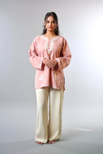 Ethnic Embroidered Kurta with Floral Neckline Detailing