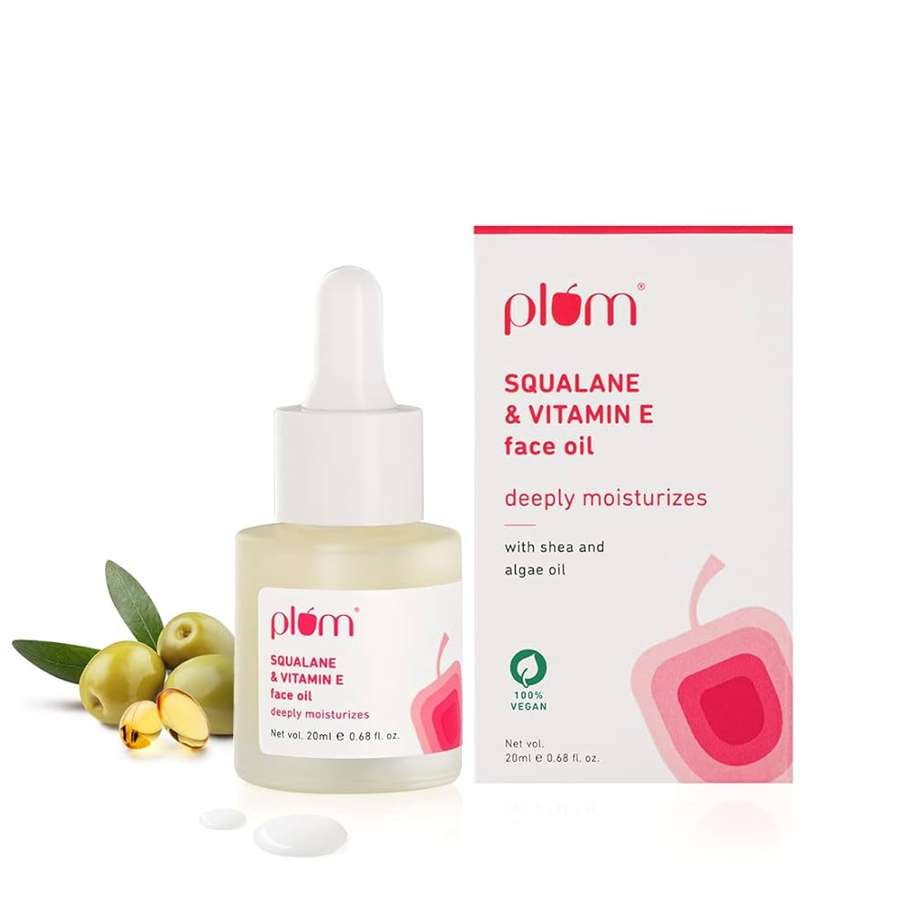 Plum Squalane & Vitamin E Face Oil with Liquid Shea Butter & Algae Oil | For deep moisturization | For Soft, Supple Skin | Fragrance-Free | Quick Absorbing | Suits most skin types | 100% Vegan (20 ml)