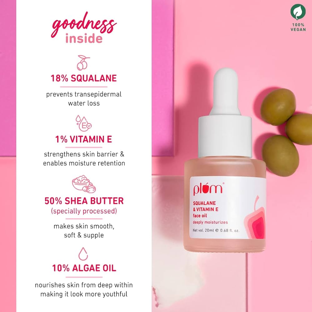 Plum Squalane & Vitamin E Face Oil with Liquid Shea Butter & Algae Oil | For deep moisturization | For Soft, Supple Skin | Fragrance-Free | Quick Absorbing | Suits most skin types | 100% Vegan (20 ml)