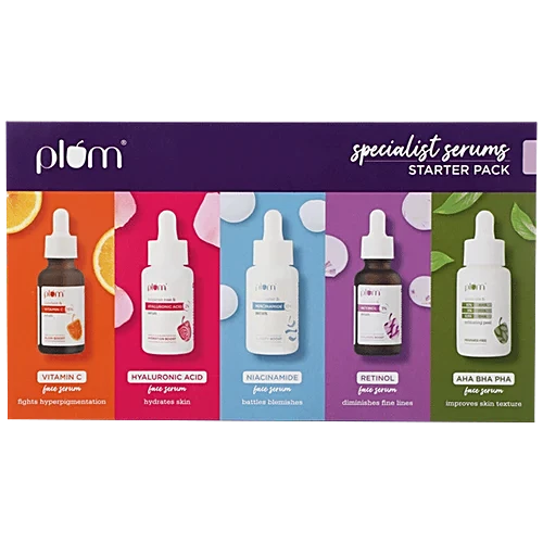 Plum Specialist Serums Starter Pack – Vitamin C, Hyaluronic, Niacinamide, Retinol & AHA BHA PHA Peel, 3 ml (Pack of 5)