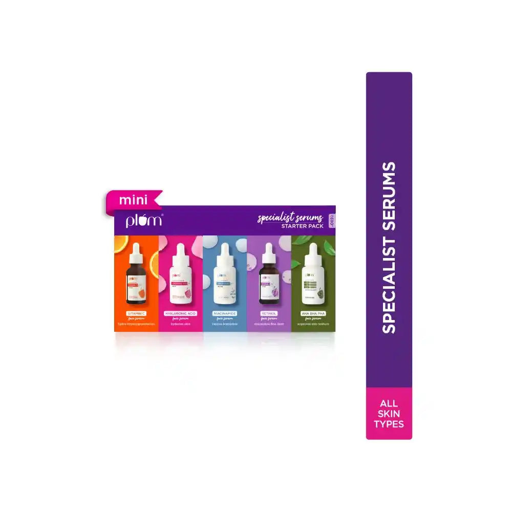 Plum Specialist Serums Starter Pack – Vitamin C, Hyaluronic, Niacinamide, Retinol & AHA BHA PHA Peel, 3 ml (Pack of 5)
