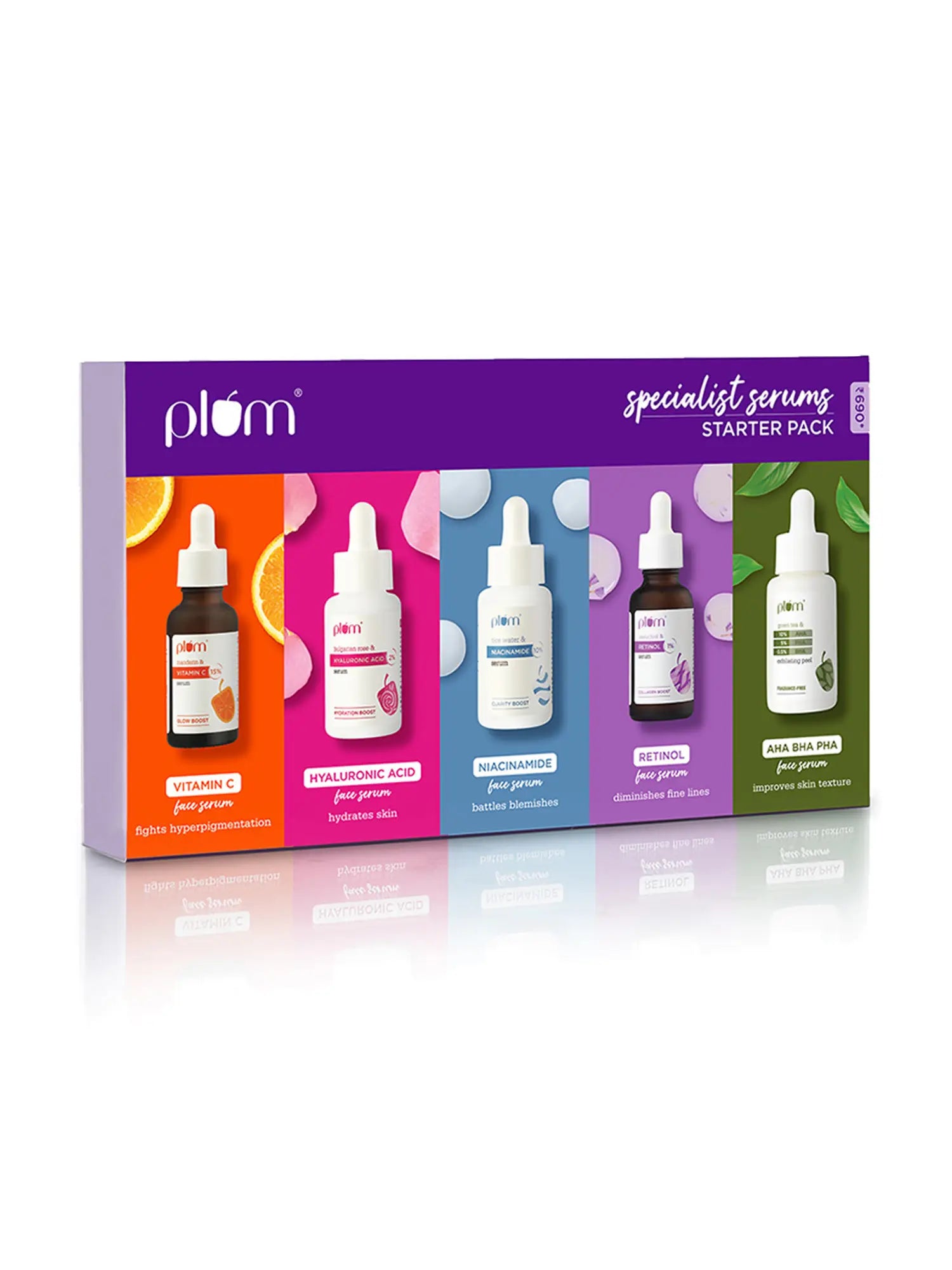 Plum Specialist Serums Starter Pack – Vitamin C, Hyaluronic, Niacinamide, Retinol & AHA BHA PHA Peel, 3 ml (Pack of 5)