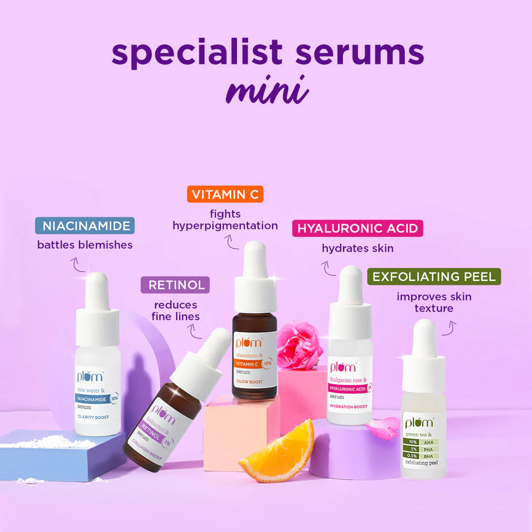Plum Specialist Serums Starter Pack – Vitamin C, Hyaluronic, Niacinamide, Retinol & AHA BHA PHA Peel, 3 ml (Pack of 5)